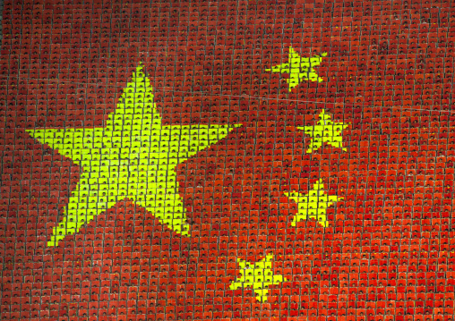 China flag made by children pixels holding up colored boards during Arirang mass games in may day stadium, Pyongan Province, Pyongyang, North Korea