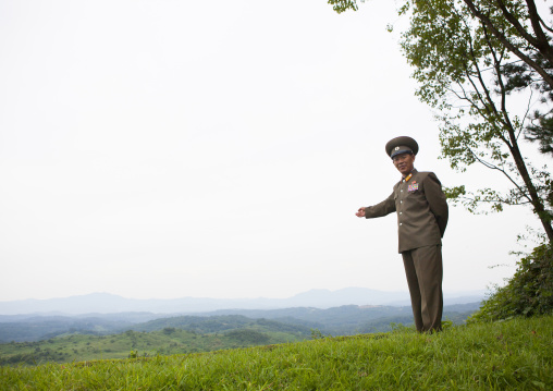 North Korean officer showing south Korea from the Demilitarized Zone, North Hwanghae Province, Panmunjom, North Korea