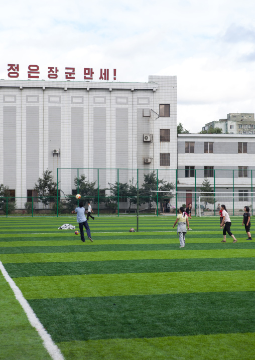 North Korean women playing football on artificial turf, Pyongan Province, Pyongyang, North Korea