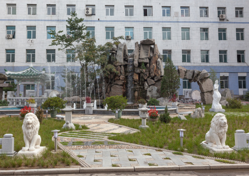 Fountain in a small park with lion statues, Pyongan Province, Pyongyang, North Korea