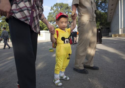 North Korean child boy dressed with Mickey mouse clothes, Pyongan Province, Pyongyang, North Korea