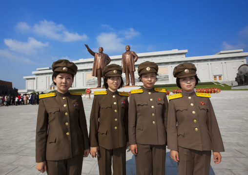 North Korean female soldiers in the Grand monument on Mansu hill, Pyongan Province, Pyongyang, North Korea