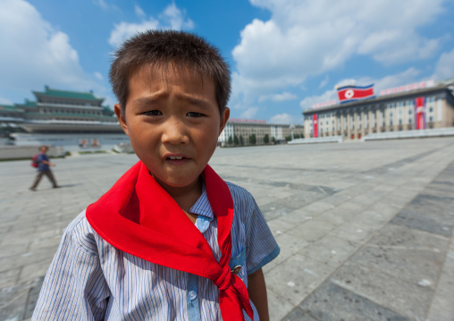 North Korean pioneer boy from the Korean children's union in Kim il Sung square, Pyongan Province, Pyongyang, North Korea