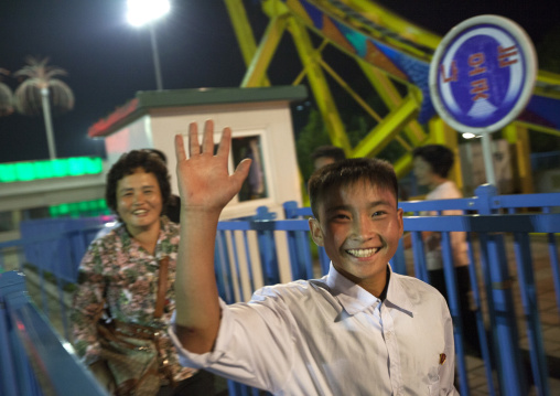 North Korean people coming down from a roller coaster in Kaeson youth park, Pyongan Province, Pyongyang, North Korea