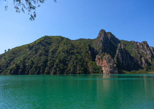 Green water of Sinpyong lake, Pyongan Province, Sinpyong, North Korea