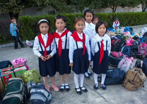 North Korean pioneers arriving in the Songdowon international children's camp, Kangwon Province, Wonsan, North Korea