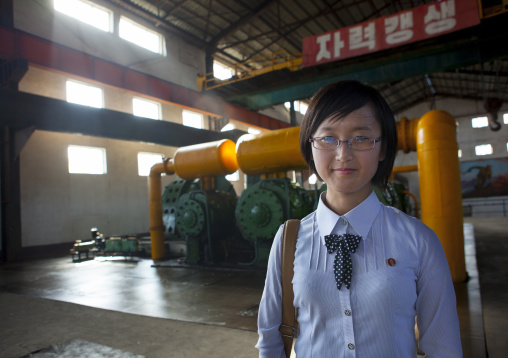 North Korean visitor woman at Hungnam nitrogen fertilizer plant, South Hamgyong Province, Hamhung, North Korea