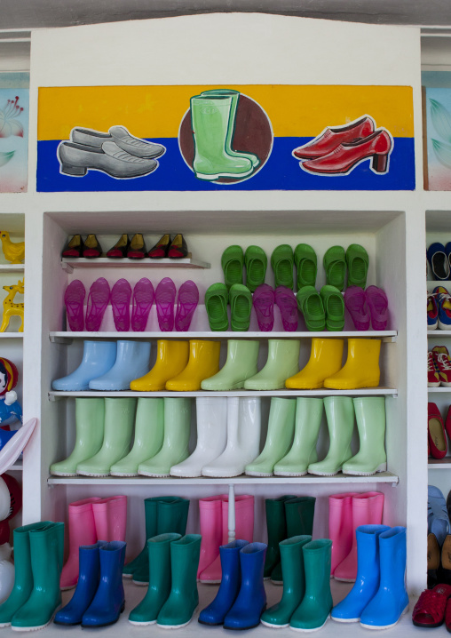 Plastic shoes and boots for sale in a village shop, South Hamgyong Province, Hamhung, North Korea