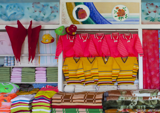Clothes for sale in a village shop, South Hamgyong Province, Hamhung, North Korea