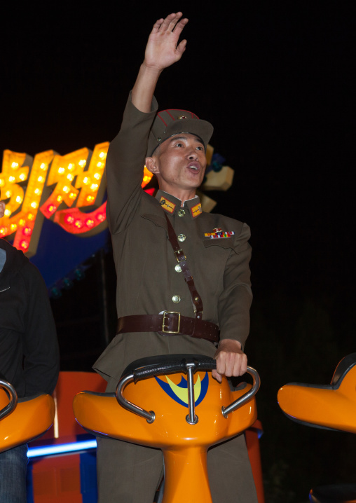 North Korean soldier in a fairground attraction at Kaeson youth park, Pyongan Province, Pyongyang, North Korea
