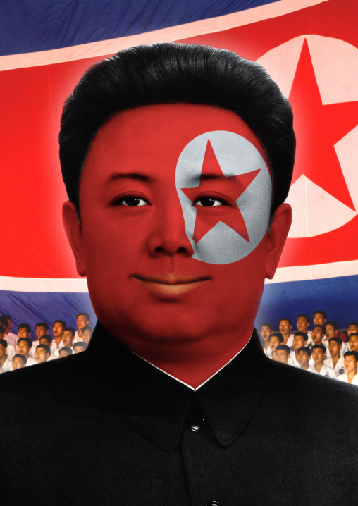 North Korean leader Kim Jong il with a football fan make-up, Pyongan Province, Pyongyang, North Korea