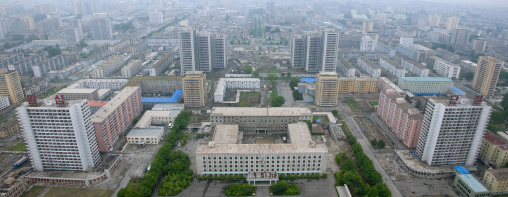 High angle view of buildings in the city center, Pyongan Province, Pyongyang, North Korea