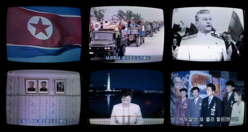 North Korean propaganda on televisions screens, Pyongan Province, Pyongyang, North Korea