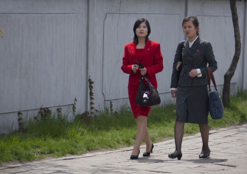 North Korean women in western clothing walking in the street, Pyongan Province, Pyongyang, North Korea