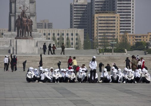 Young North Korean women during a mass games rehearsal in Kim il Sung square, Pyongan Province, Pyongyang, North Korea