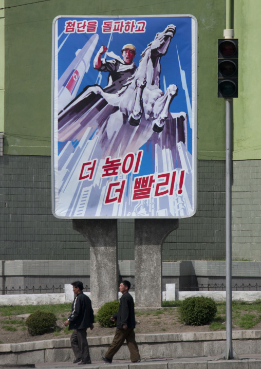 North Korean propaganda billboard with the Chollima in the street, Pyongan Province, Pyongyang, North Korea