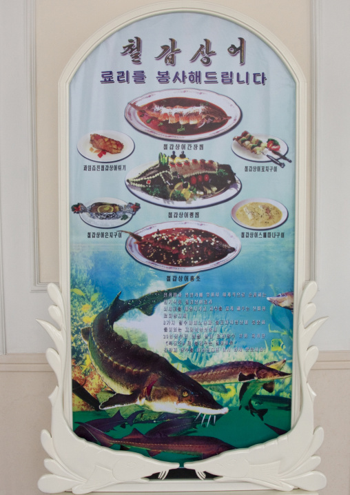 Sturgeons dishes billboard in a luxury restaurant
, Pyongan Province, Pyongyang, North Korea