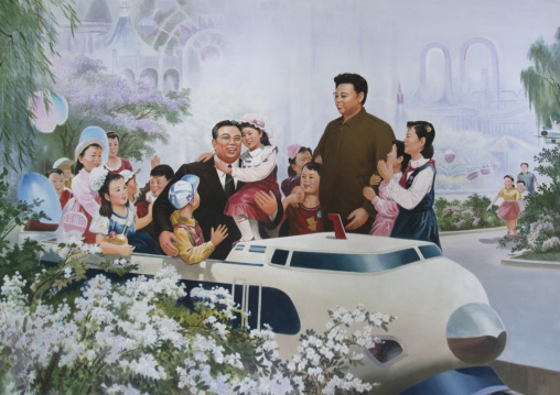 Kim il Sung and Kim Jong il with North Korean children on a propaganda poster, Pyongan Province, Pyongyang, North Korea