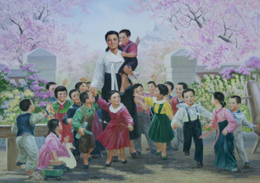 Propaganda poster with Kim Jong suk and North Korean children, Pyongan Province, Pyongyang, North Korea