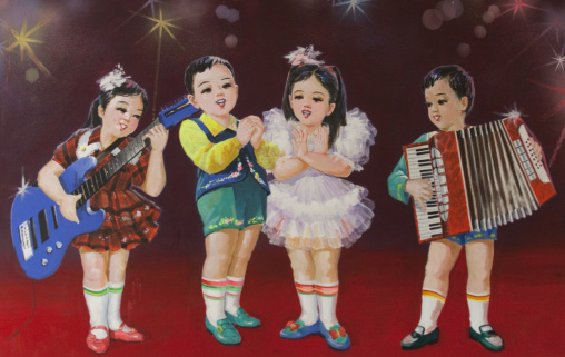 Propaganda poster depicting North Korean children playing accordion and guitar, Pyongan Province, Pyongyang, North Korea