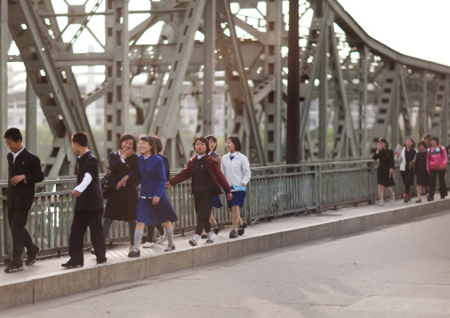 North Korean people crossing a bridge, Pyongan Province, Pyongyang, North Korea