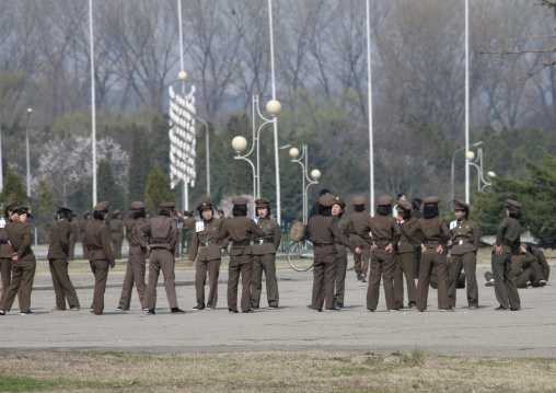 Women army soldiers in the street making morning exercise group, Pyongan Province, Pyongyang, North Korea
