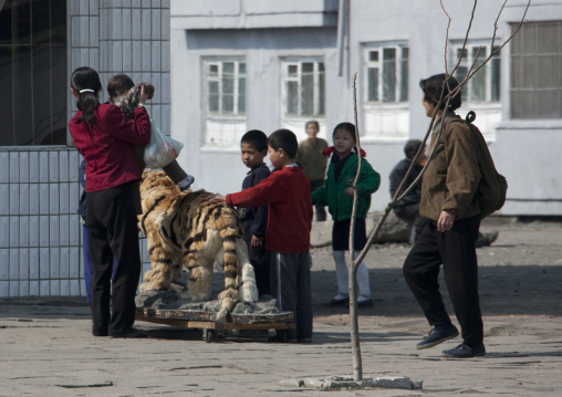 North Korean children posing for photo souvenir on a fake tiger, Pyongan Province, Pyongyang, North Korea