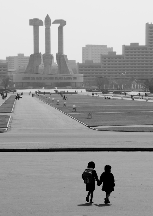 North Korean children in front of the monument to Party founding, Pyongan Province, Pyongyang, North Korea