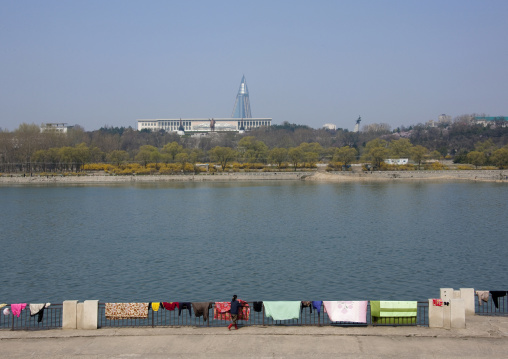 Linen drying on the banks of Taedong river, Pyongan Province, Pyongyang, North Korea