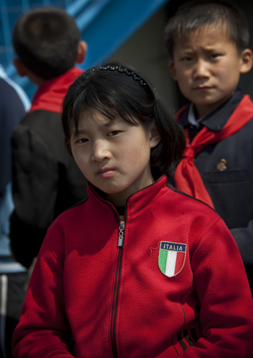 North Korean pioneer girl with italian tracksuit, Pyongan Province, Pyongyang, North Korea