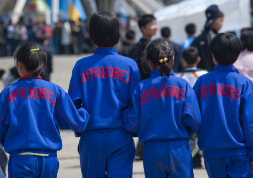 Rear view of North Korean children wearing dprk tracksuits, Pyongan Province, Pyongyang, North Korea