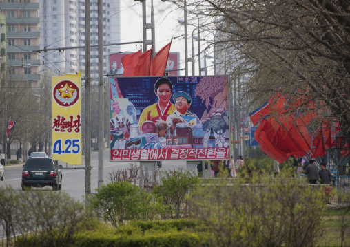 Propaganda billboard on a road encouraging consumers to buy, Pyongan Province, Pyongyang, North Korea