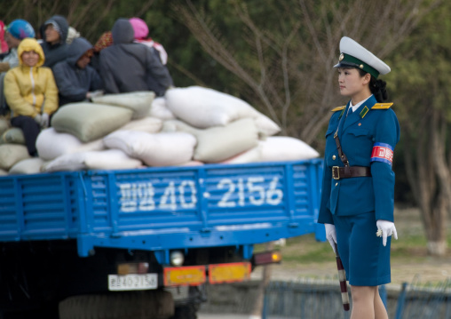 North Korean traffic security officer in blue uniform in the street, Pyongan Province, Pyongyang, North Korea