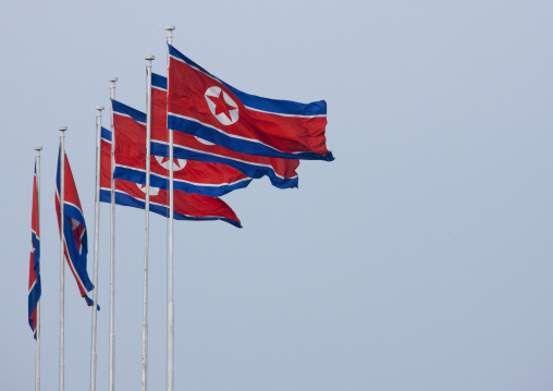 North Korean flags in the city, Pyongan Province, Pyongyang, North Korea