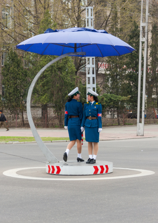 North Korean female traffic security officers in blue uniforms, Pyongan Province, Pyongyang, North Korea