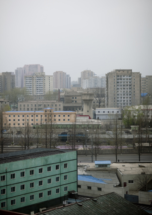 Train station in front of buildings in the city center, Pyongan Province, Pyongyang, North Korea