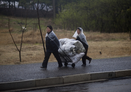 North Korean women pushing a cart in the street under the rain, Pyongan Province, Pyongyang, North Korea
