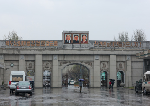 Portraits of the Dear Leaders at the entrance of Mansudae art studio, Pyongan Province, Pyongyang, North Korea