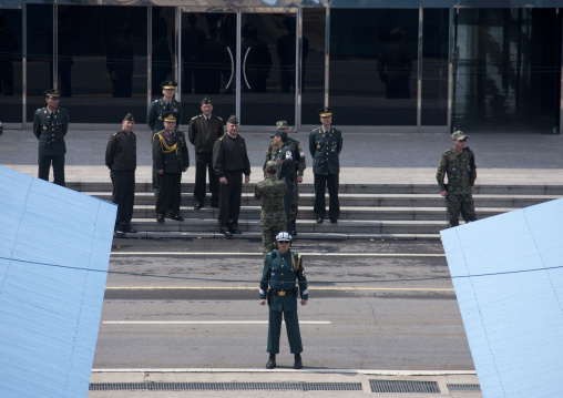 American delegation in front of the United Nations conference rooms on the demarcation line in the Demilitarized Zone, North Hwanghae Province, Panmunjom, North Korea