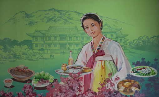 Poster in a restaurant depicting a North Korean woman surrended by meals, North Hwanghae Province, Kaesong, North Korea