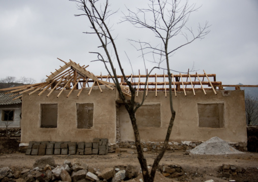 House under construction in a village, North Hwanghae Province, Kaesong, North Korea