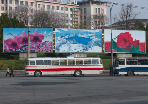 Row of North Korean propaganda billboards in the street depicting mount Paektu, Pyongan Province, Pyongyang, North Korea