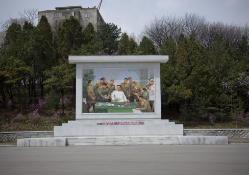 North Korean propaganda fresco with Kim Il-sung in Jonsung revolutionary museum, Pyongan Province, Pyongyang, North Korea