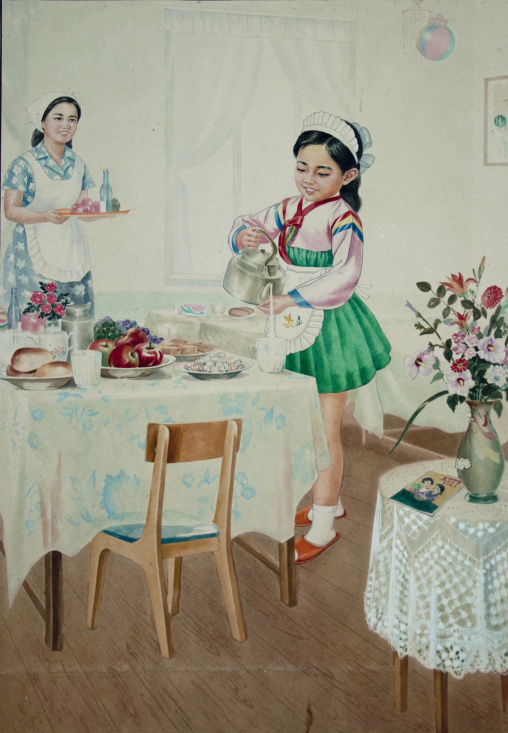 Propaganda poster depicting a North Korean girl serving a breakfast, Pyongan Province, Pyongyang, North Korea