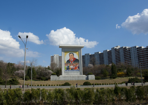 North Korean propaganda billboard in the street with Kim il Sung, Pyongan Province, Pyongyang, North Korea