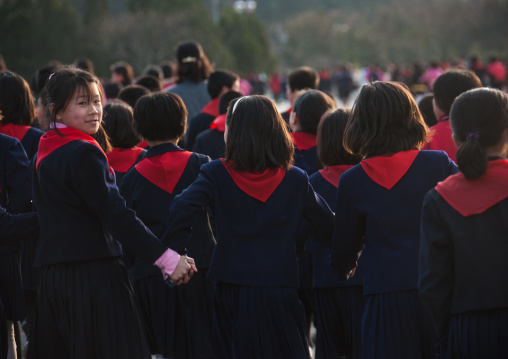 Group of North Korean pioneers girls, Pyongan Province, Pyongyang, North Korea