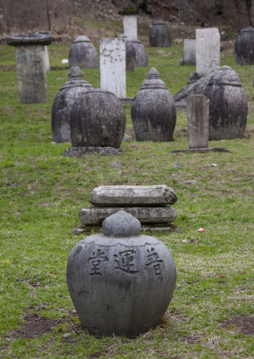 Funerary jars and steles for the monks in Pohyon temple, Hyangsan county, Mount Myohyang, North Korea