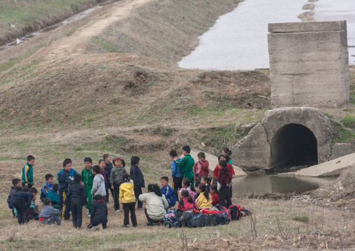 North Korean children going to do collective works in the fields, Pyongan Province, Pyongyang, North Korea