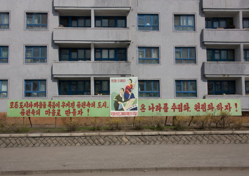 Propaganda billboard in front of a building, Pyongan Province, Pyongyang, North Korea
