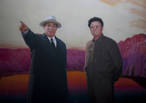 Painting of Kim il Sung and Kim Jong il in front of mount Paektu, Kangwon Province, Wonsan, North Korea